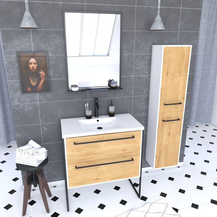 Pack meuble de salle de bain 80x50 cm - 2 tiroirs - vasque blanche + miroir noir mat + colonne 0