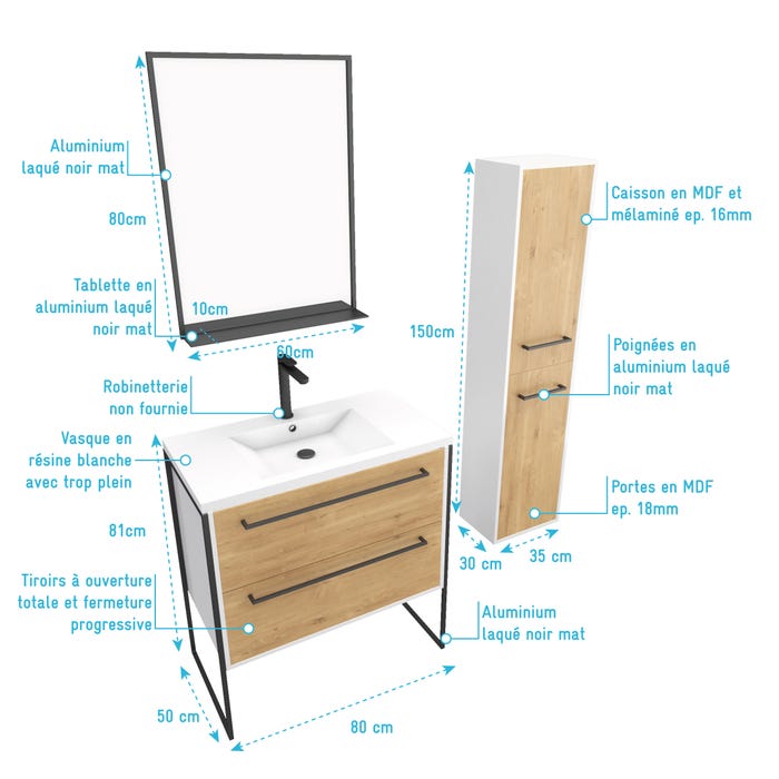 Pack meuble de salle de bain 80x50 cm - 2 tiroirs - vasque blanche + miroir noir mat + colonne 3