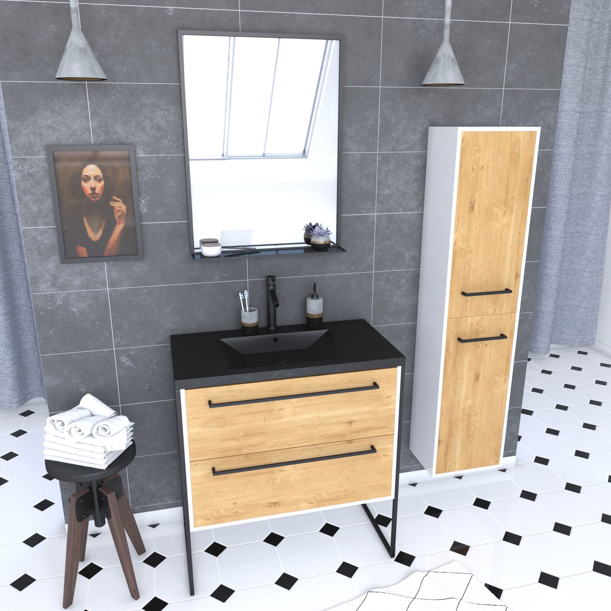 Ensemble de salle de bain 80 cm chêne naturel + vasque noir + miroir LED + colonne de rangement 0