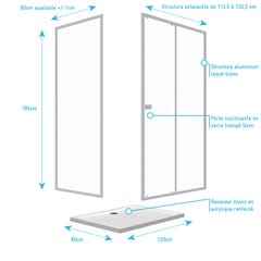 Pack porte de douche Coulissante blanc 120X185 cm + paroi de retour 80cm + receveur à poser - WHITY 3