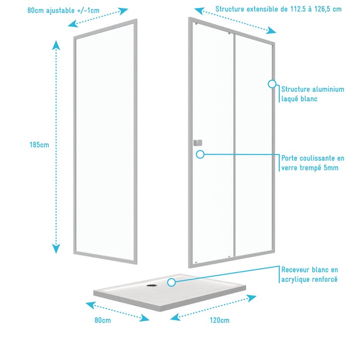 Pack porte de douche Coulissante blanc 120X185 cm + paroi de retour 80cm + receveur à poser - WHITY 3