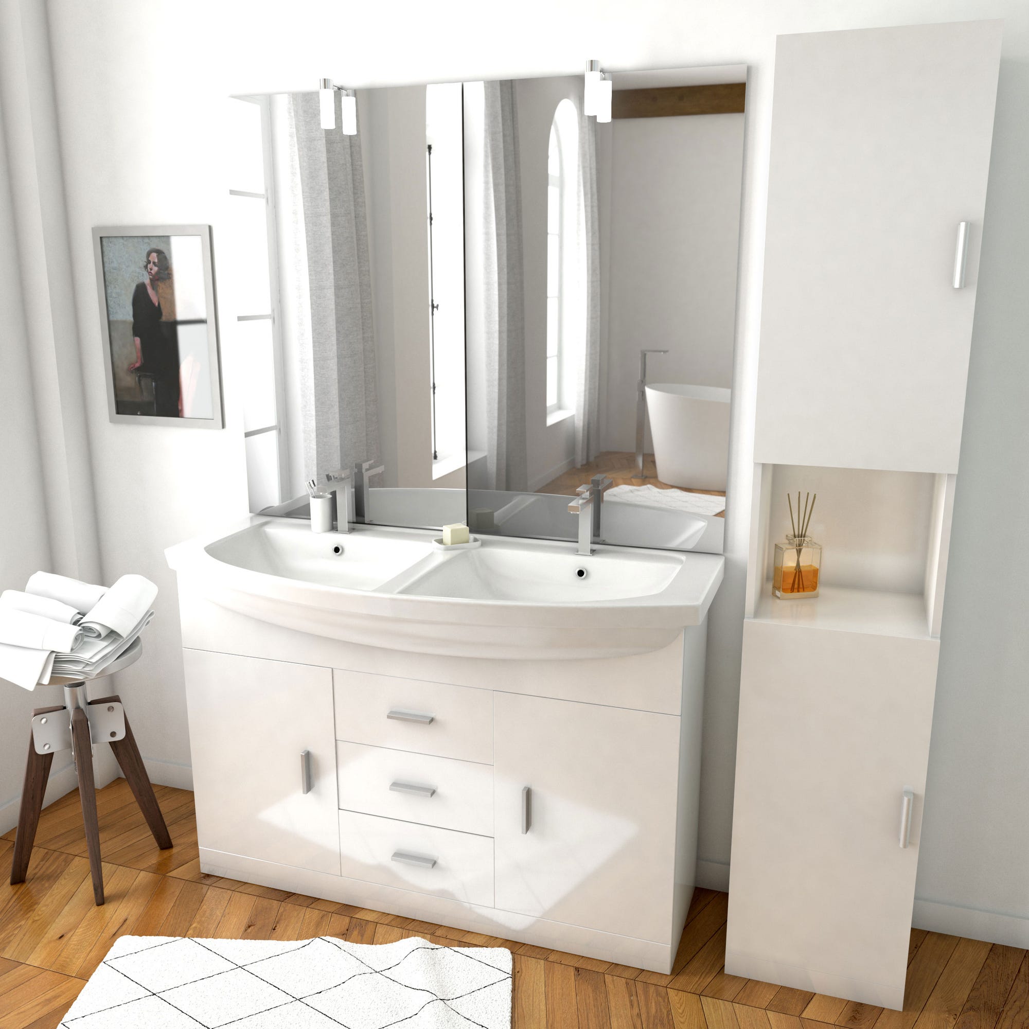 Ensemble de salle de bain blanc 120cm - Double vasque céramique + miroir LED + colonne 2 portes 0