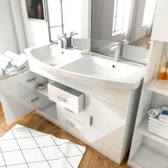 Ensemble de salle de bain blanc 120cm - Double vasque céramique + miroir LED + colonne 2 portes 1