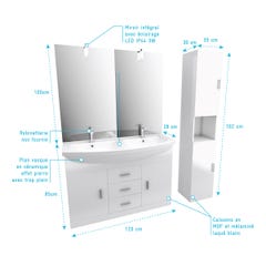 Ensemble de salle de bain blanc 120cm - Double vasque céramique + miroir LED + colonne 2 portes 3