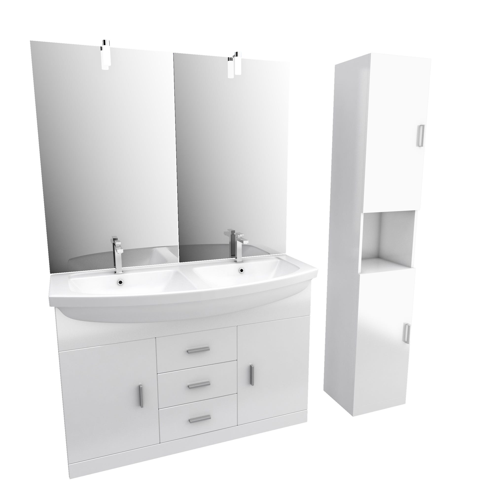 Ensemble de salle de bain blanc 120cm - Double vasque céramique + miroir LED + colonne 2 portes 2