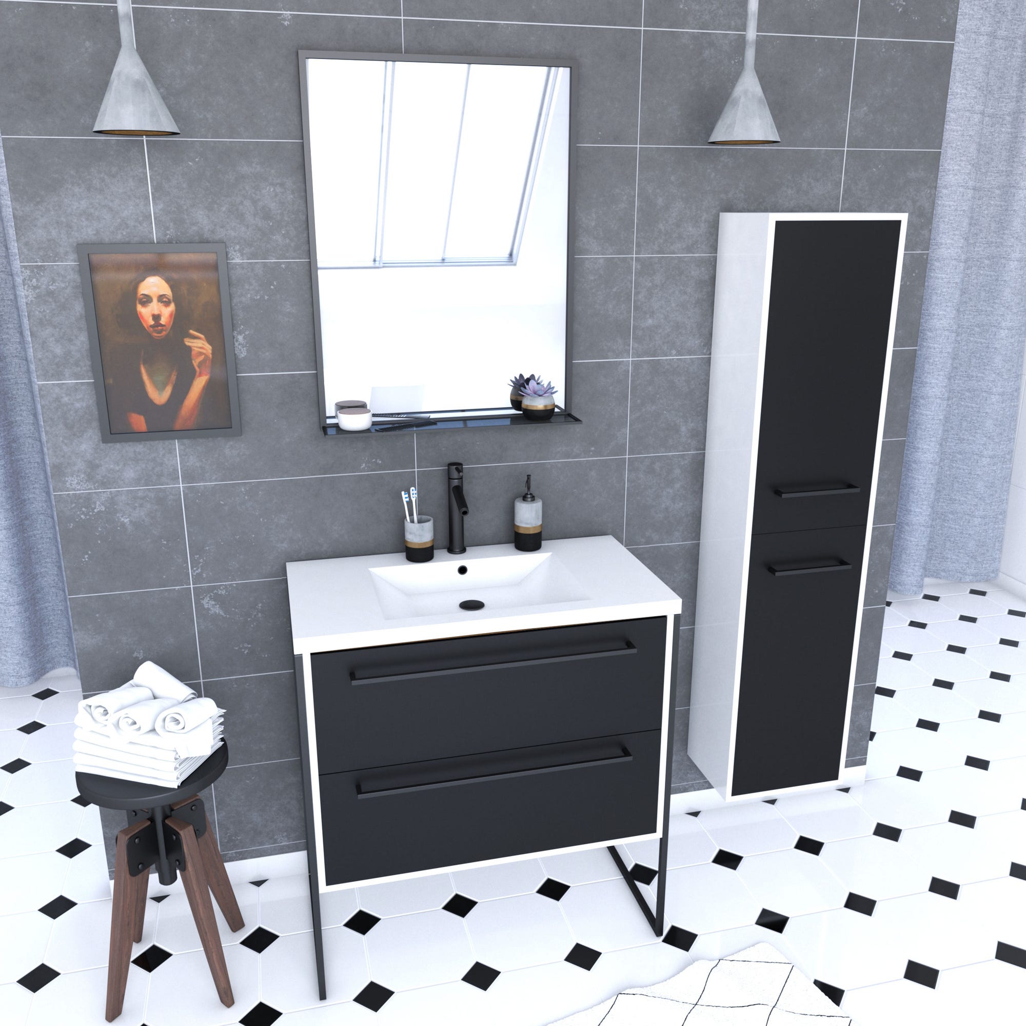 Pack meuble de salle de bain 80x50 cm NOIR - vasque résine blanche + miroir noir mat + colonne 0