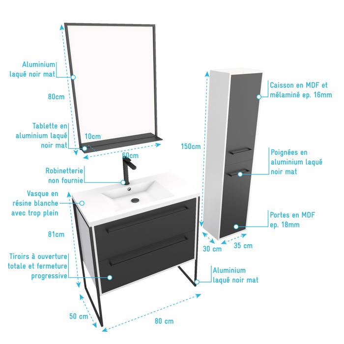 Pack meuble de salle de bain 80x50 cm NOIR - vasque résine blanche + miroir noir mat + colonne 3