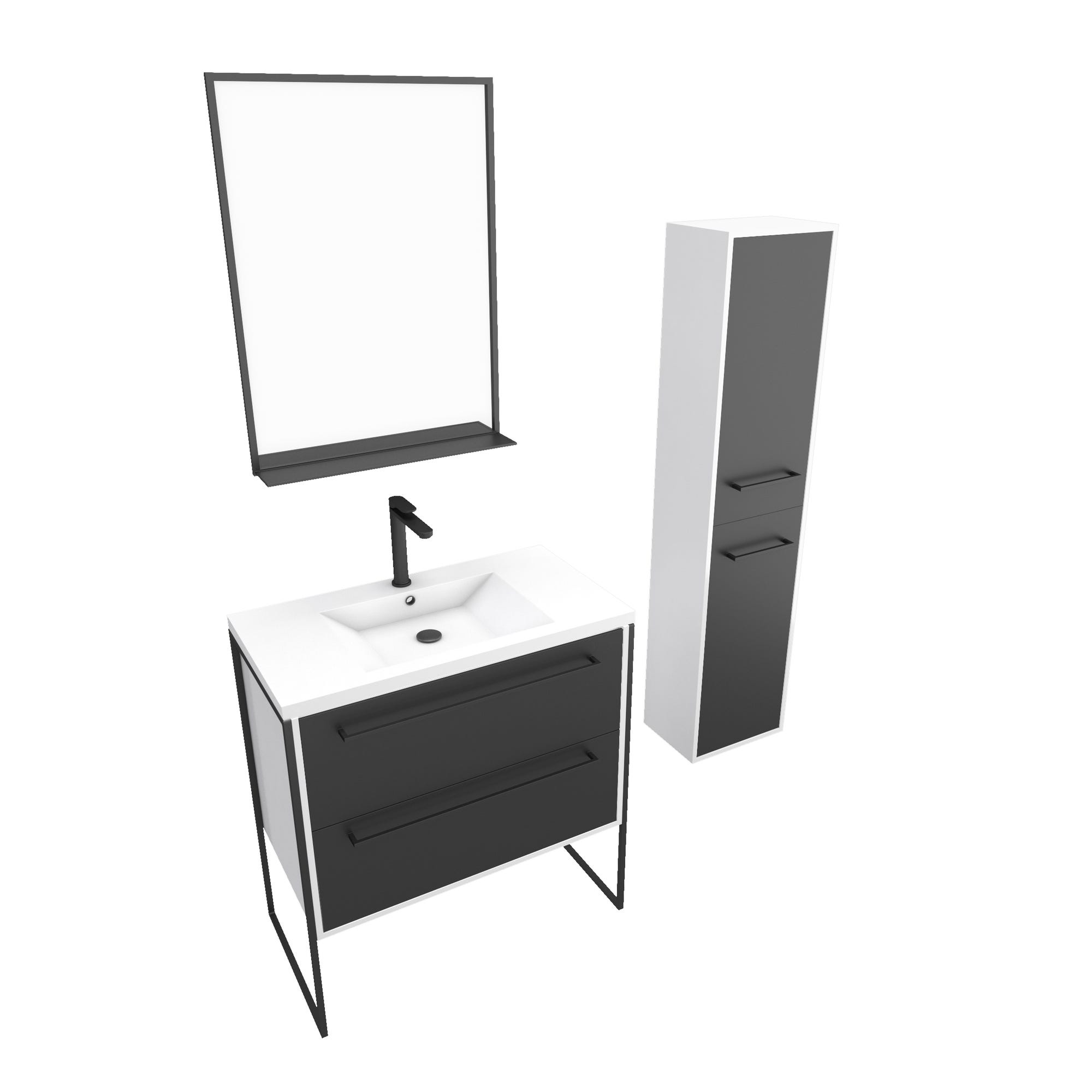 Pack meuble de salle de bain 80x50 cm NOIR - vasque résine blanche + miroir noir mat + colonne 2