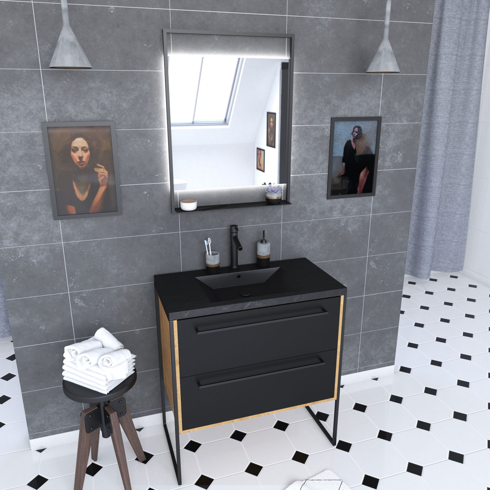 Meuble de salle de bain 80x50cm chene brun - 2 tiroirs - vasque resine noire effet pierre - miroir 0