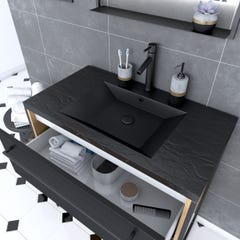 Meuble de salle de bain 80x50cm chene brun - 2 tiroirs - vasque resine noire effet pierre - miroir 1