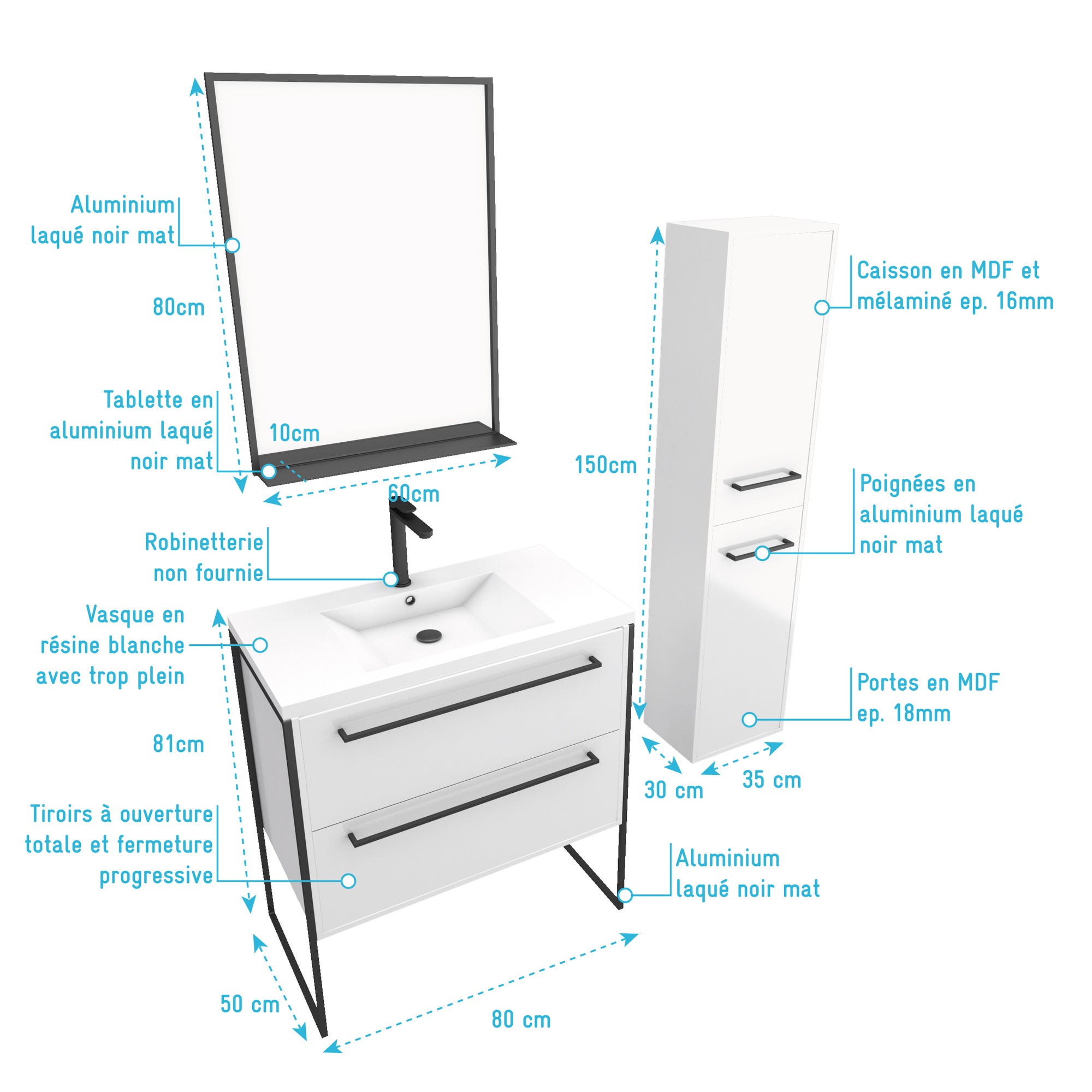 Pack meuble de salle de bain 80x50cm Blanc - 2 tiroirs blanc - vasque blanche + miroir noir mat 3