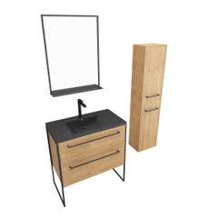 Pack meuble de salle de bain 80x50cm chene brun - 2 tiroirs chene brun - vasque resine noire 2