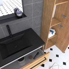 Pack meuble de salle de bain 80x50cm chene brun - 2 tiroirs chene brun - vasque resine noire 1
