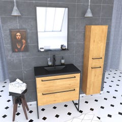 Pack meuble de salle de bain 80x50cm chene brun - 2 tiroirs chene brun - vasque resine noire 0