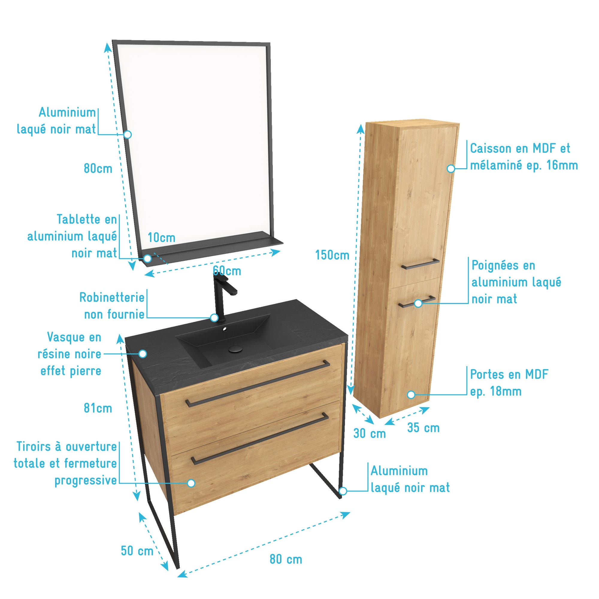 Pack meuble de salle de bain 80x50cm chene brun - 2 tiroirs chene brun - vasque resine noire 3