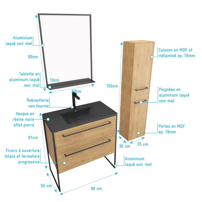 Pack meuble de salle de bain 80x50cm chene brun - 2 tiroirs chene brun - vasque resine noire 3