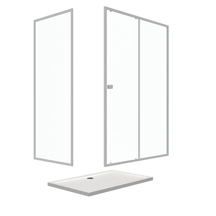 Pack porte de douche Coulissante blanc 140X185 cm + paroi de retour 90cm + receveur à poser - WHITY 2