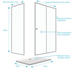 Pack porte de douche Coulissante blanc 140X185 cm + paroi de retour 90cm + receveur à poser - WHITY 3