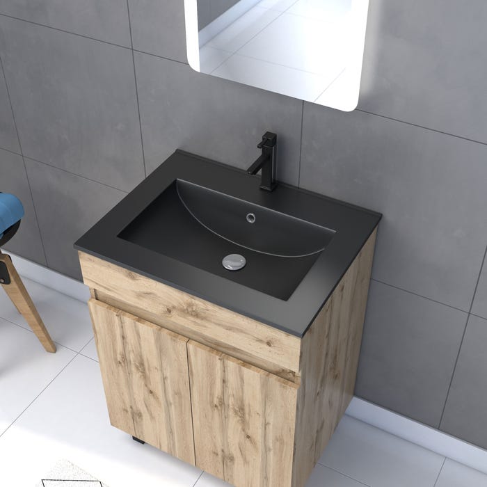 Meuble salle de bain 60x80 - Finition chene naturel - vasque noire + miroir Led - TIMBER 60 - Pack02 1
