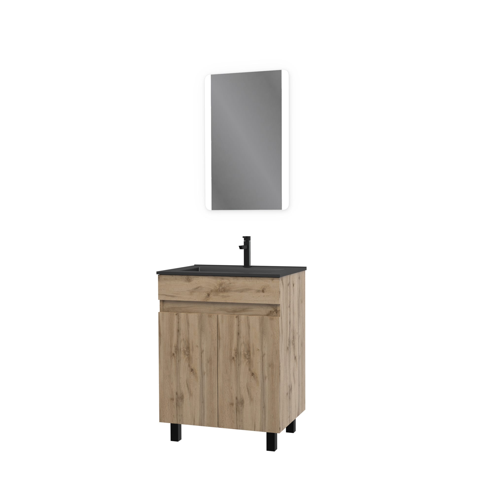 Meuble salle de bain 60x80 - Finition chene naturel - vasque noire + miroir Led - TIMBER 60 - Pack02 2