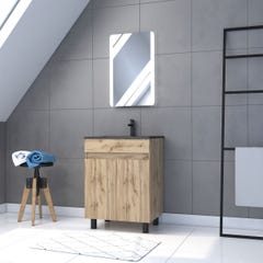 Meuble salle de bain 60x80 - Finition chene naturel - vasque noire + miroir Led - TIMBER 60 - Pack02 0