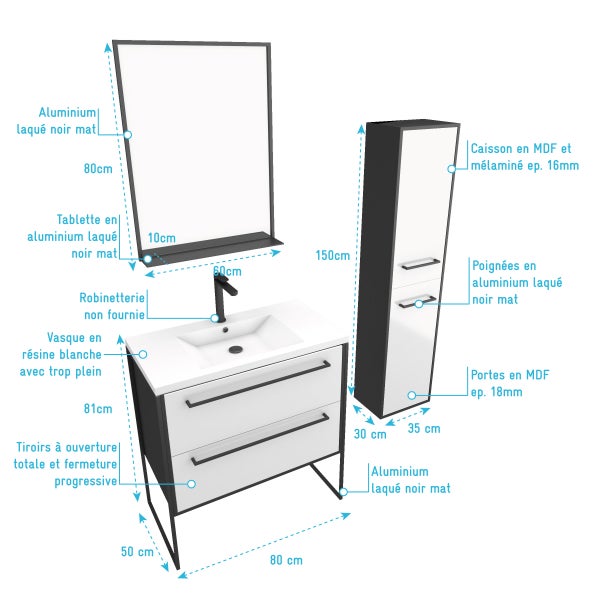 Ensemble de salle de bain 80 cm Blanc finition noir + vasque blanche+ miroir + colonne de rangement 3