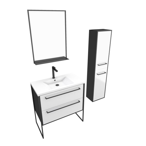 Ensemble de salle de bain 80 cm Blanc finition noir + vasque blanche+ miroir + colonne de rangement 2