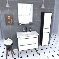 Ensemble de salle de bain 80 cm Blanc finition noir + vasque blanche+ miroir + colonne de rangement