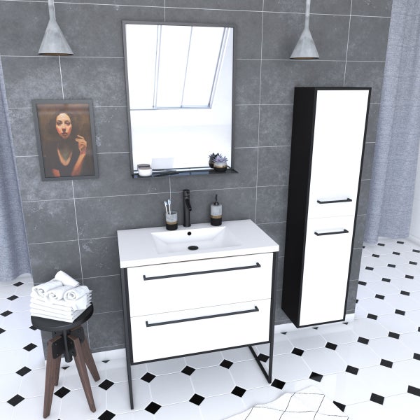 Ensemble de salle de bain 80 cm Blanc finition noir + vasque blanche+ miroir + colonne de rangement 0