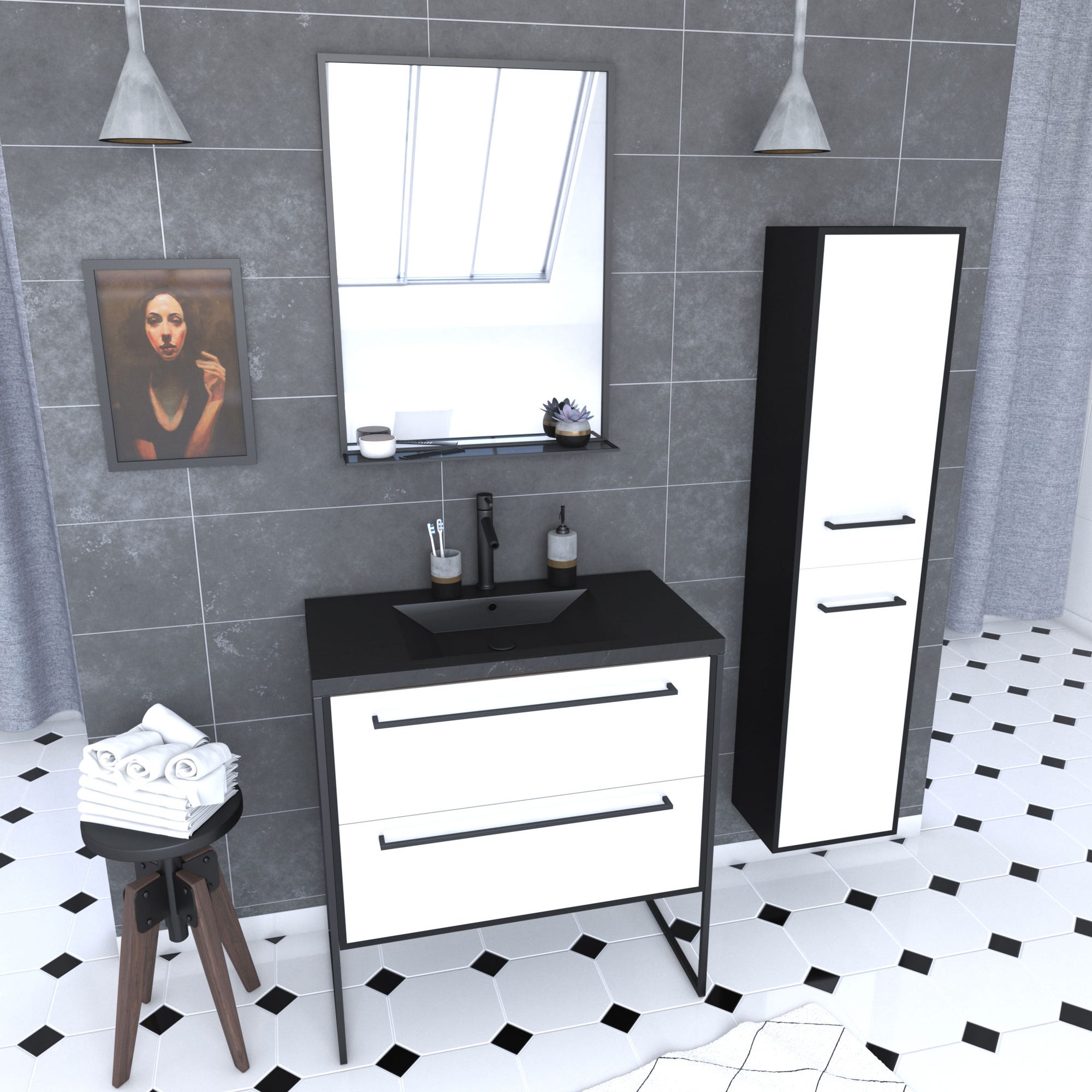 Pack meuble de salle de bain 80x50 cm - 2 tiroirs blanc - vasque noir - miroir - colonne suspendu 0