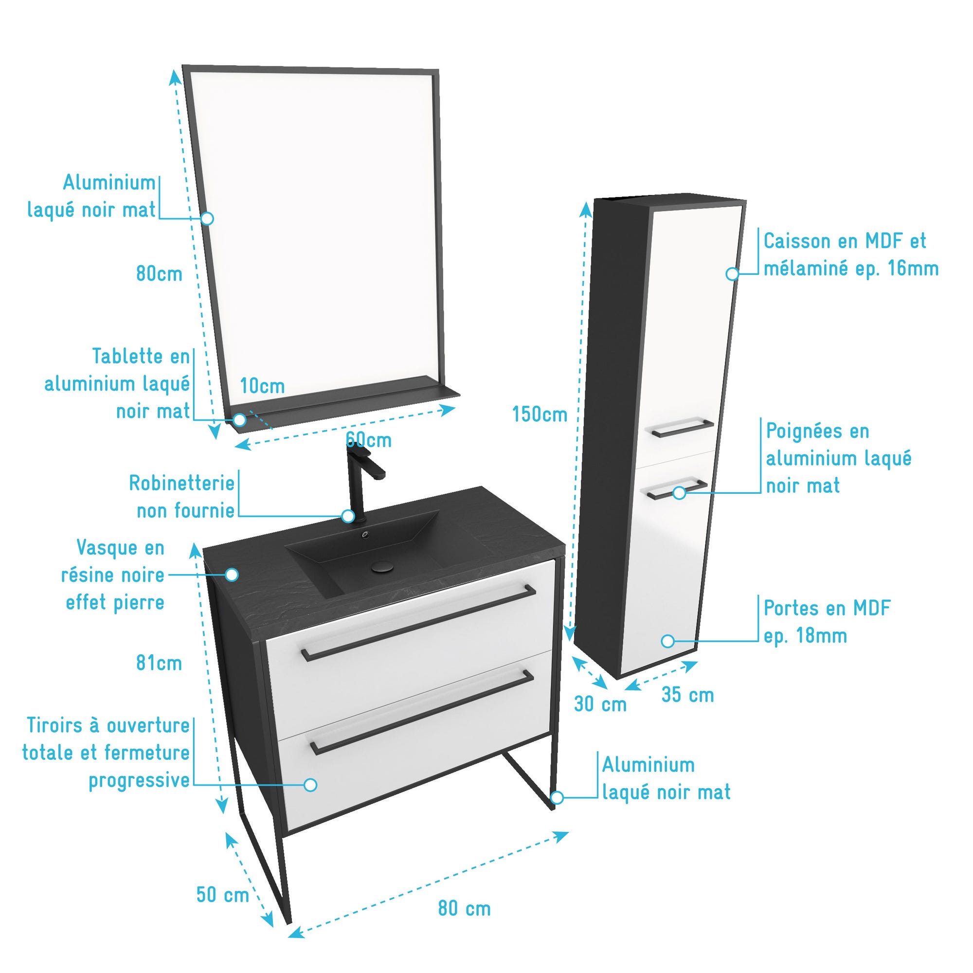 Pack meuble de salle de bain 80x50 cm - 2 tiroirs blanc - vasque noir - miroir - colonne suspendu 3