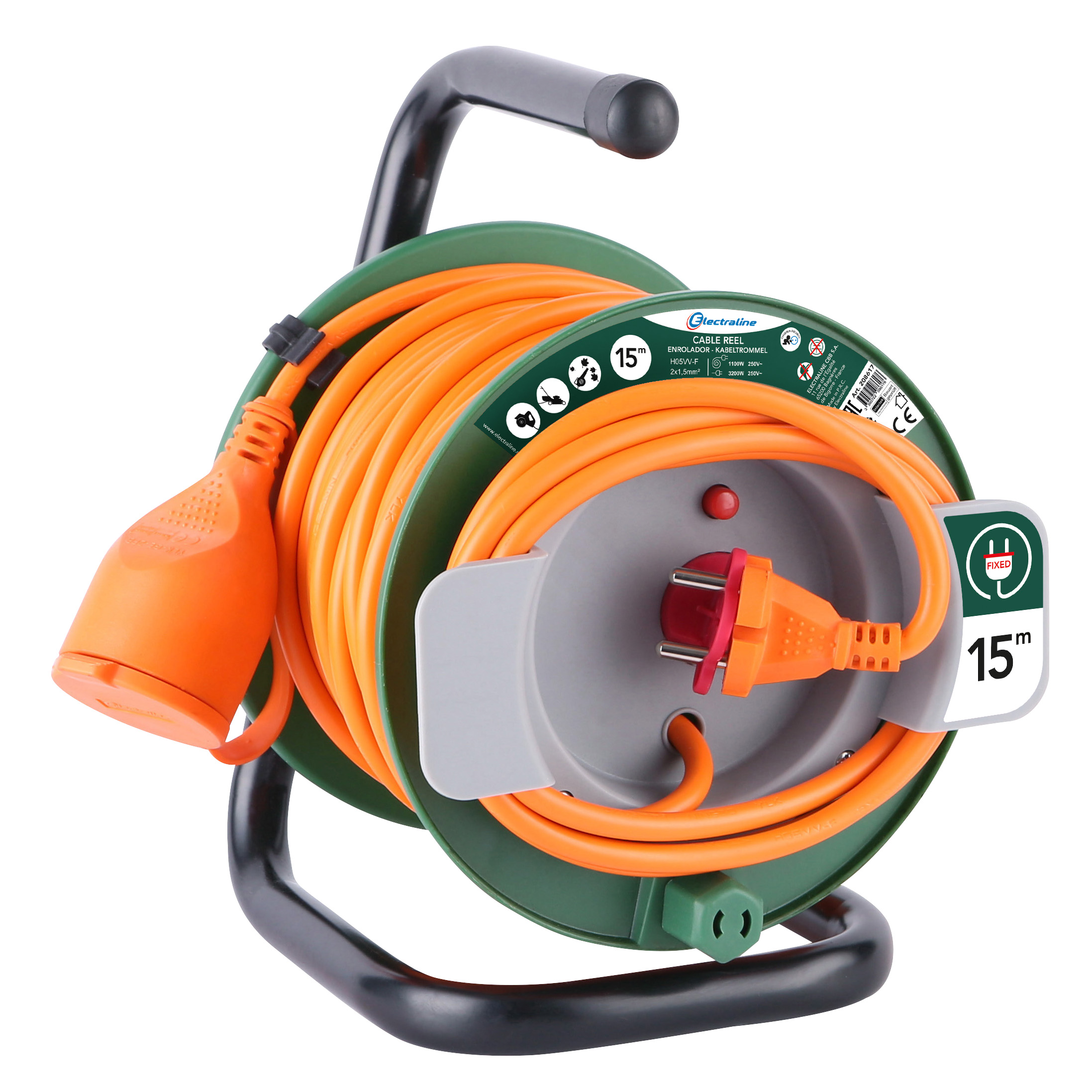 Electraline 208617 Rallonge Prolongateur Gardin 15 M Avec Enrouleur 16a - Section 2x1,5 Mm² Orange/vert