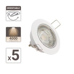Lot de 5 Spots Encastrés Metal Blanc - ORIENTABLE - Ampoule LED GU10 incluses - cons. 5W (eq. 50W) - 345 lumens - Blanc neutre 3