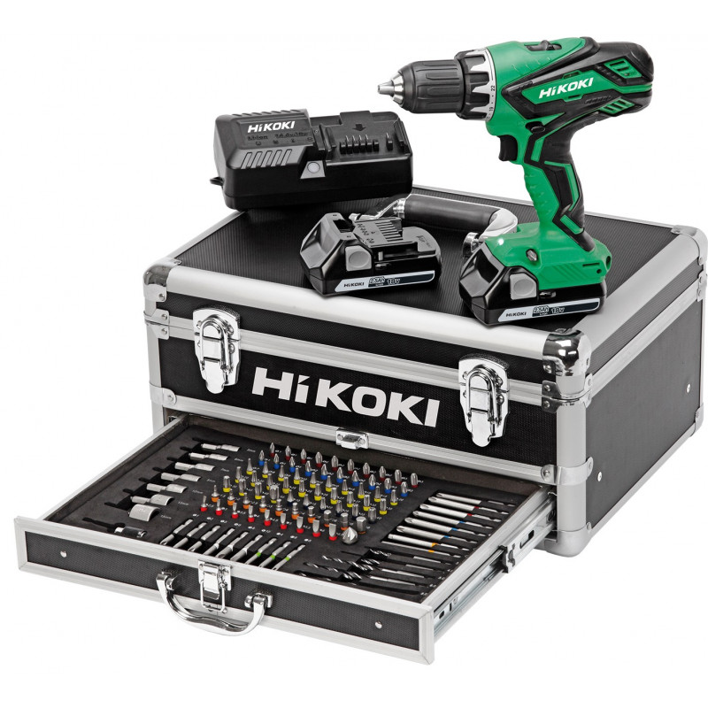 Perceuse visseuse 18v 2.5ah li-ion hikoki - 2 batteries + coffret alu 100 accessoires - kc18djlfz