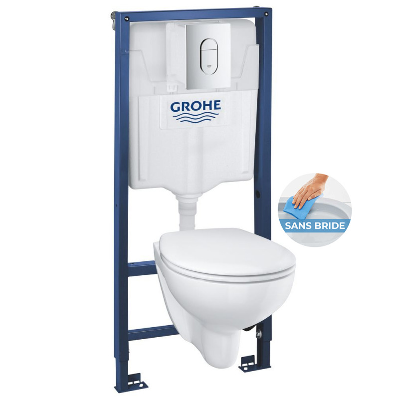 Grohe Pack WC Bâti-support Rapid SL + WC Bau Ceramic sans bride + Abattant softclose + Plaque chrome (39418000)