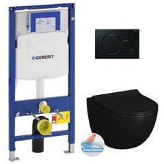 Geberit Pack WC Bâti-support + Cuvette Vitra SENTO noire sans bride fixations invisibles + Abattant + Plaque noire (GebBlackSento-A) 0