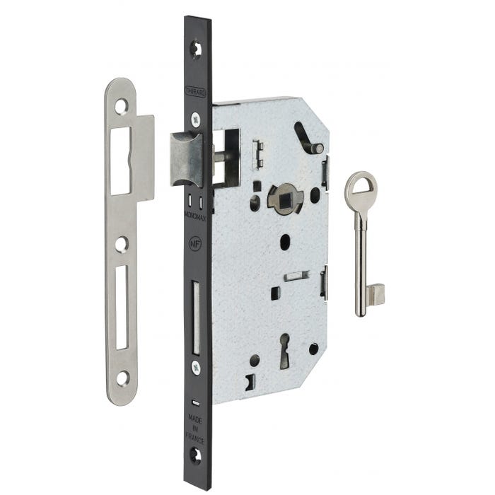 THIRARD - Serrure encastrable Monomax NF à clé pour porte de chambre, axe 50mm, bouts carrés, têtière noire, 1 clé 0