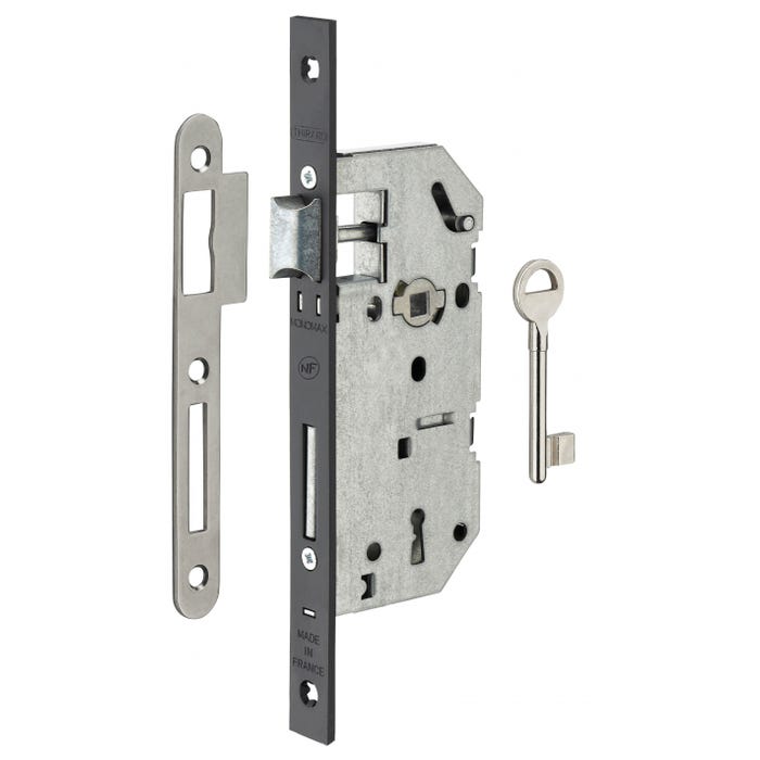 THIRARD - Serrure encastrable Monomax NF à clé pour porte de chambre, axe 40mm, bouts carrés, têtière noire, 1 clé 0