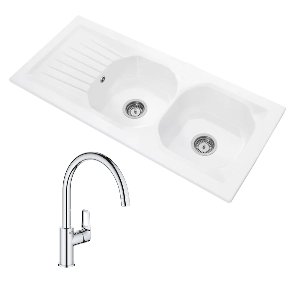 VILLEROY ET BOCH Evier cuisine Nestor Plus + Mitigeur cuisine bec haut Grohe Bauloop