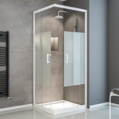Schulte paroi de douche acces d'angle droit avec portes de douche coulissantes, 90 x 90 x 190 cm, 5 mm, verre sablé au milieu, profilé blanc, Sunny 0