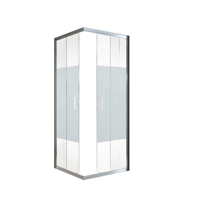 Schulte paroi de douche acces d'angle droit avec portes de douche coulissantes, 80 x 80 x 190 cm, 5 mm, verre sablé au milieu, profilé blanc, Sunny 1