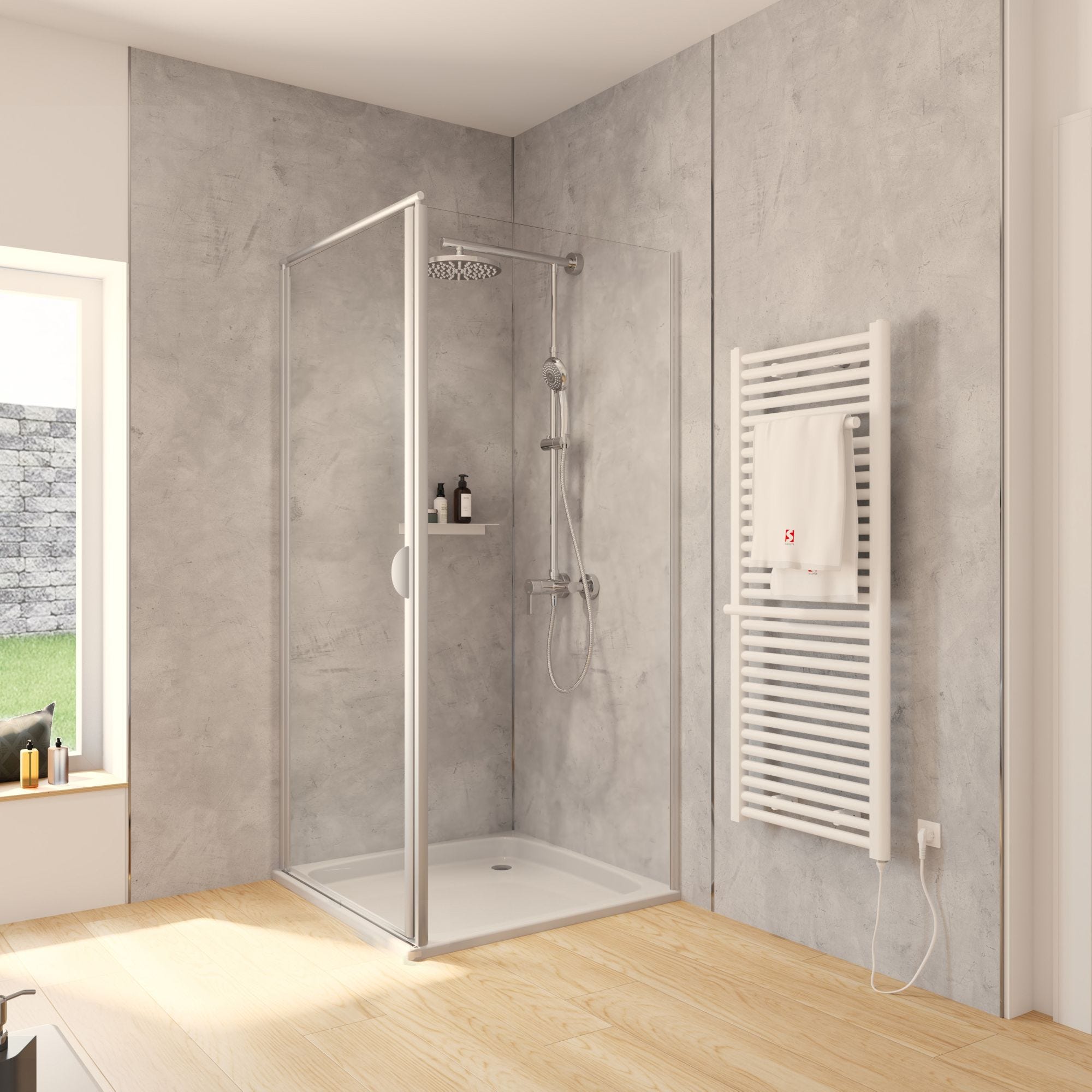 Schulte porte de douche pivotante + paroi de retour fixe, 90 x 90 x 180 cm, verre 5 mm transparent, profilé alu-nature, Sunny 1