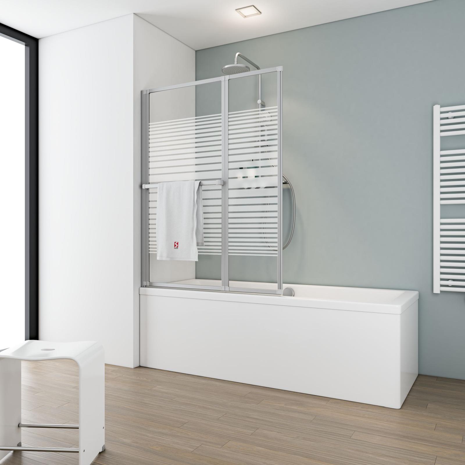 Pare-baignoire rabattable sans percer, 109x140cm pivotant à coller 2 volets porte-serviette,verre 3mm,profilé aspect chromé,décor bandes transversales