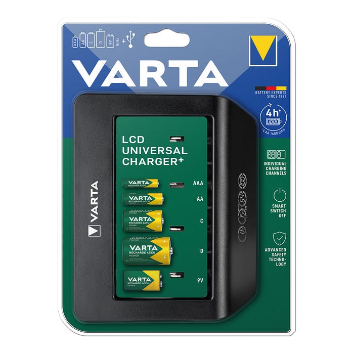 Varta LCD Universal Charger+ Chargeur de piles rondes NiMH LR03 (AAA), LR6 (AA), LR14 (C), LR20 (D), 6LR61 (9 V) 7