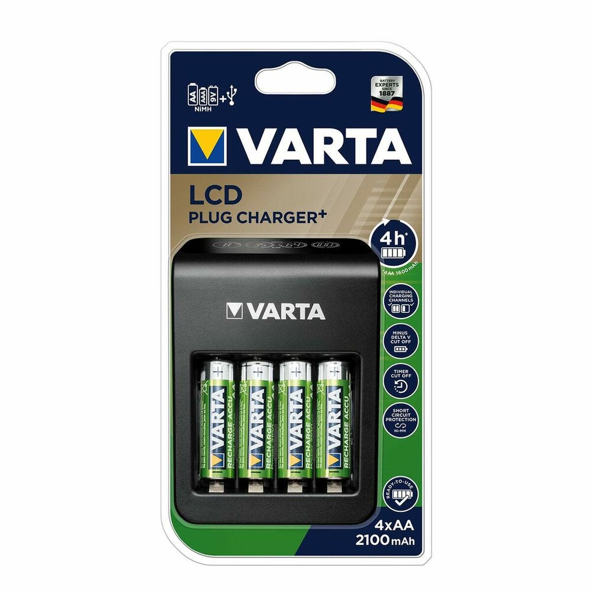 Chargeur de piles rondes Varta LCD Plug Charger+ 4x 56706 avec accus NiMH LR03 (AAA), LR6 (AA), 6LR61 (9 V) 4