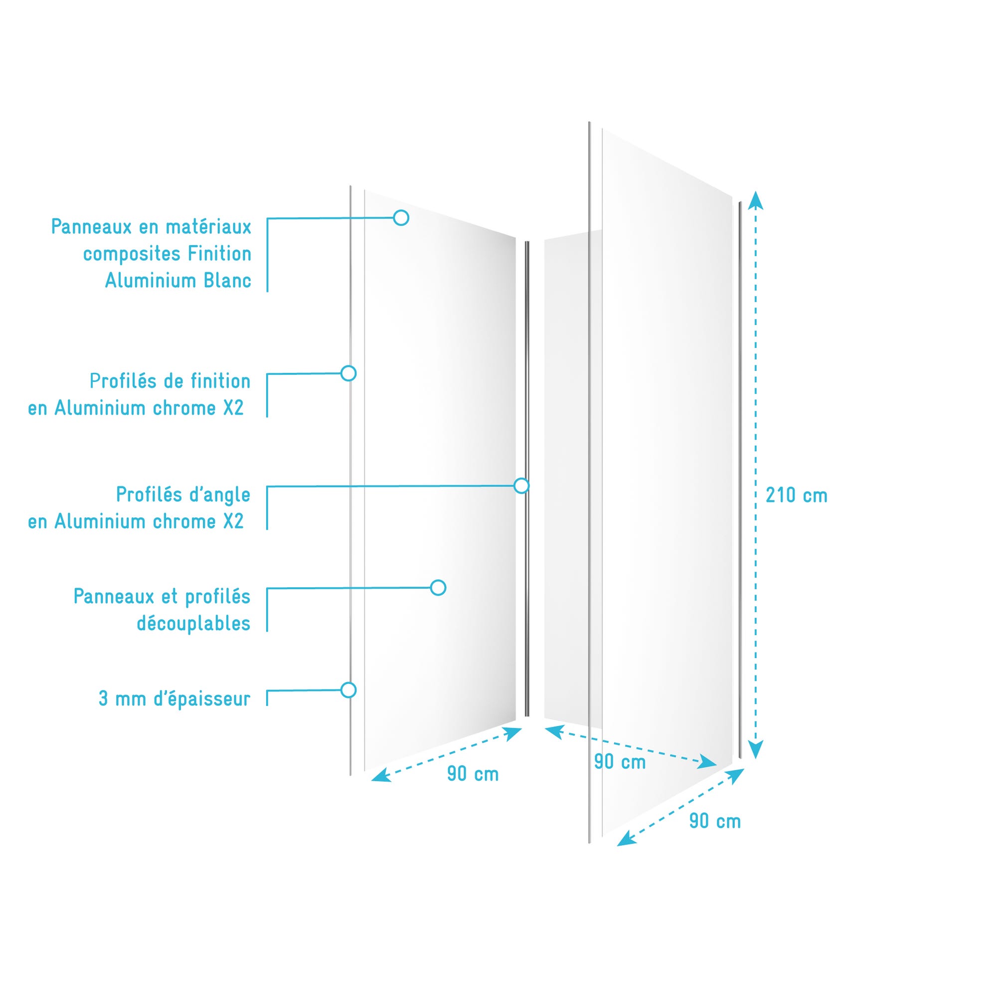 Pack de 3 Panneaux Muraux Aluminium BLANC 90x210 cm avec Profilés ANODISE BRILLANT - WALL'IT 3