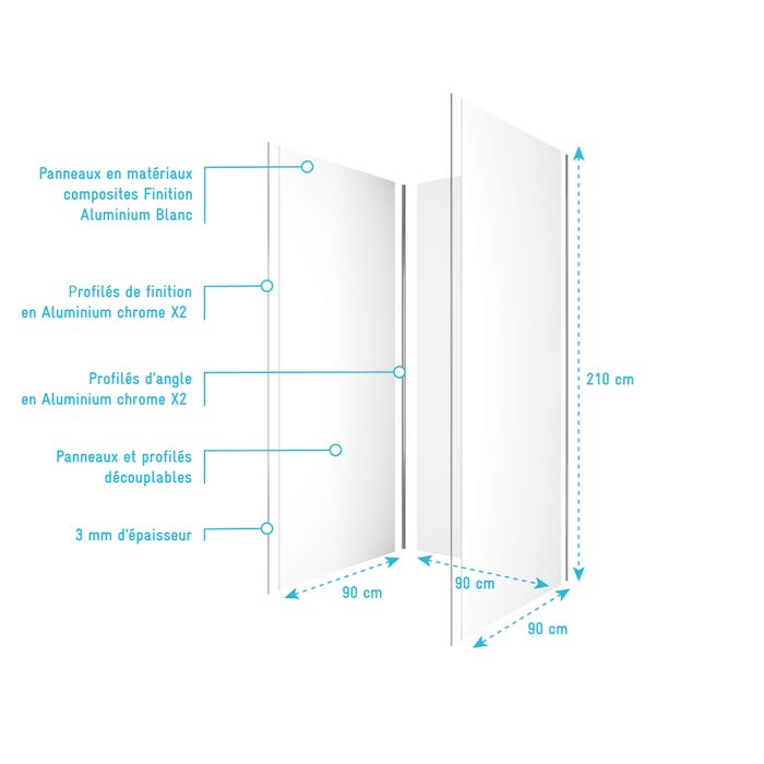 Pack de 3 Panneaux Muraux Aluminium BLANC 90x210 cm avec Profilés ANODISE BRILLANT - WALL'IT 3