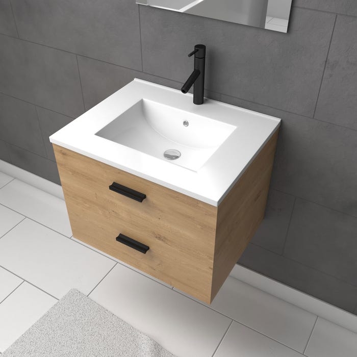Meuble salle de bain 60 cm suspendu 2 tiroirs finition Bois avec vasque et miroir - BOX-IN 60 WOOD 1