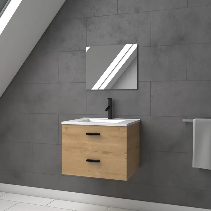Meuble salle de bain 60 cm suspendu 2 tiroirs finition Bois avec vasque et miroir - BOX-IN 60 WOOD 0