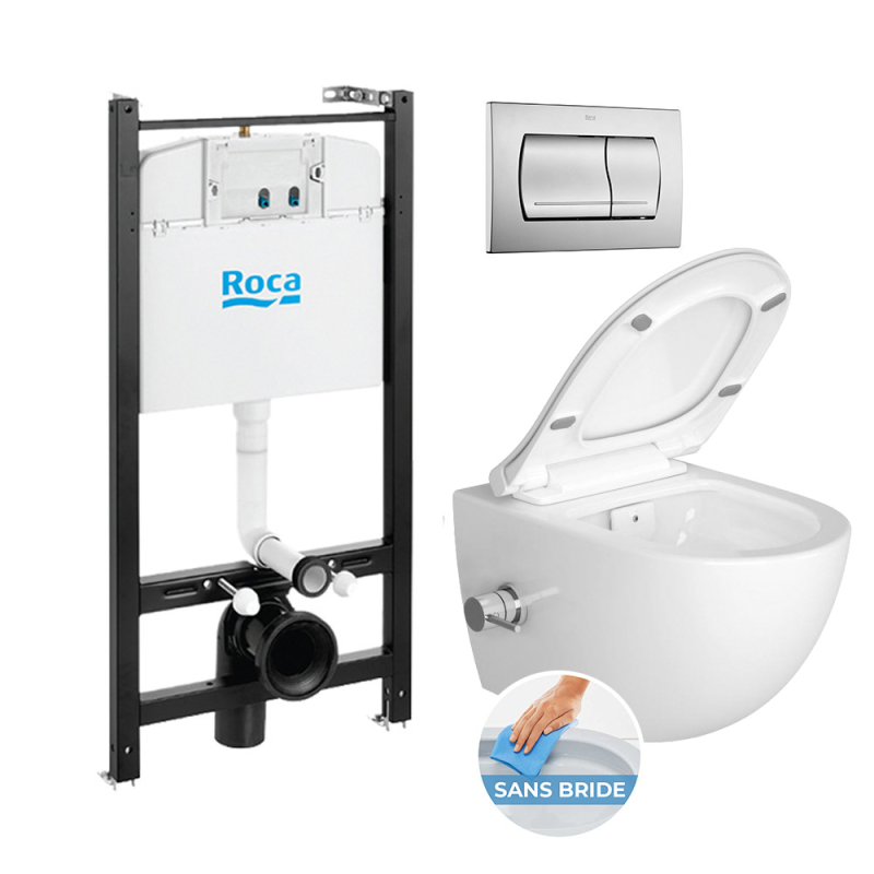 Roca Pack Bâti-support Roca Active + WC sans bride avec fonction bidet thermostatique et fixations invisibles + plaque chrome mat 0